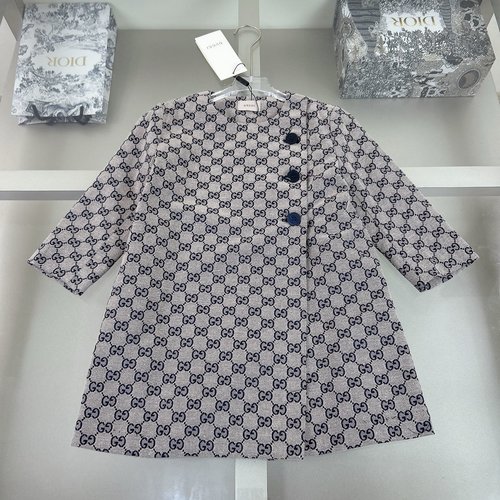 Gucci Girls All-Over Letter Jacquard Denim Jacket With Crew Neck & Side Slits