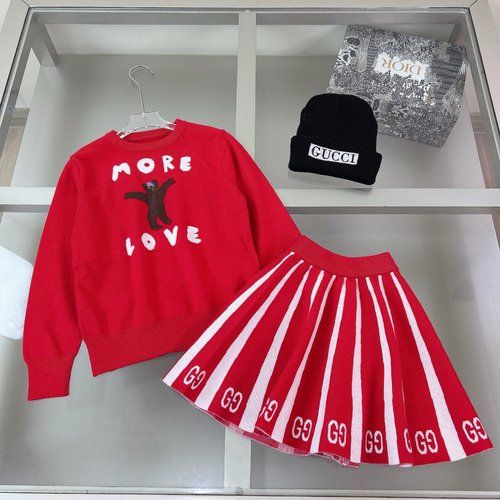 Gucci Girls Red-White Knit Skirt Set, Double Layer Big Umbrella Hem