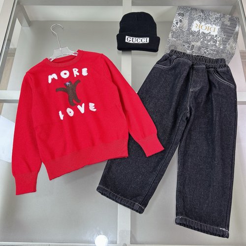 Gucci Kids Wool-Blend Sweater Red Logo & Bear Pattern 