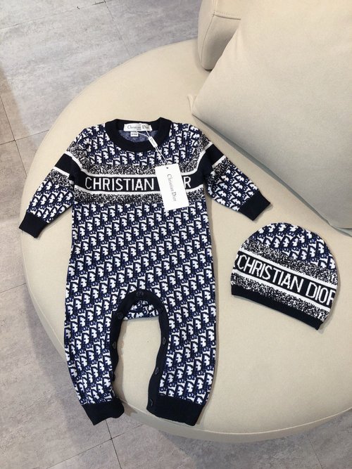 Dior Premium Baby Romper Set with Knit Hat, Unisex, Cotton, Open Crotch