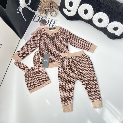 Fendi Unisex Kids 3-Piece Cotton Knit Set (Sweater, Pants, Ear Hat)