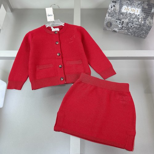 Fendi Girls Chinese Red Dress Set with Embroidery & Knit Ribbon
