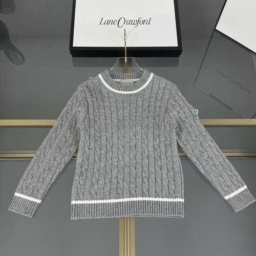 Moncler Kids Cashmere-Cotton Blend Sweater: Cable Knit, Striped, Embroidered