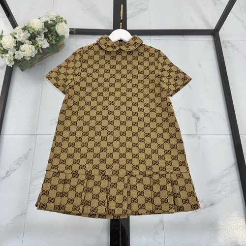 Gucci Girls Brown Doll Collar Monogram Denim Dress 