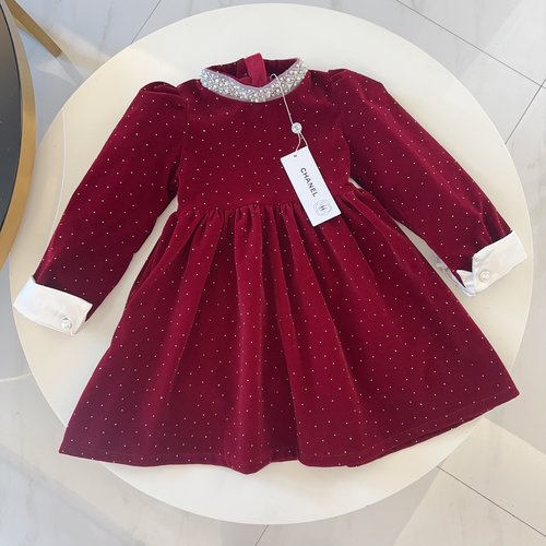 Chanel Girls Shiny Velvet Dress Wine Red Lined Fleece Comfortable