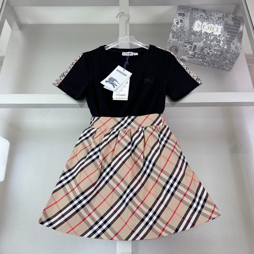 Burberry Girls Cotton Knit Set Dress with Custom Stripe & Check Embroidery