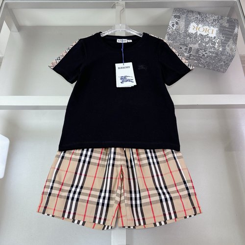 Burberry Kids Cotton Set with Striped Plaid & Horse Embroidery