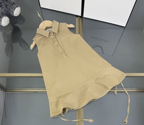 Gucci Girls Woven Cotton Dress with Logo Embroidery & Ruffled Hem 
