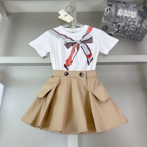 Fendi Girls 2-piece Set: Bow Tee & Jacquard Denim Skirt