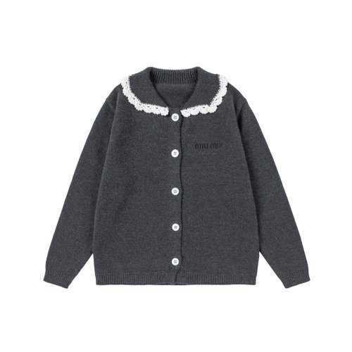 Miu Miu Girls Gray Wool-Blend Cardigan with Sweet Lace Collar